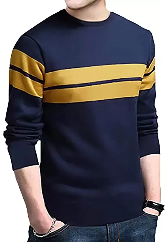 Men Striped Round Neck Cotton Blend Blue T-Shirt